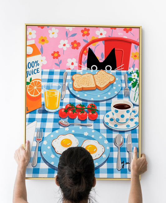 Black Cat Breakfast Art Print Whimsical Kitchen Decor with Eggs, Toast and Juice Print Poster