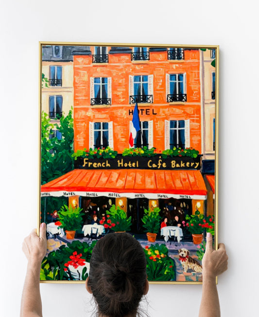 French Hotel Lobby Café Cozy Orange Interior with Garden and Cute Dog Poster, Breakfast Art, Brunch Café Interior Illustration