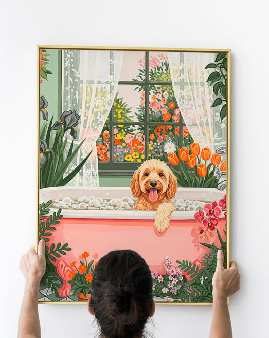 Golden Doodle Enjoying a Bubbly Bubble Bath in the Garden with Tongue Out, Surrounded by Fresh Greenery and Sunshine