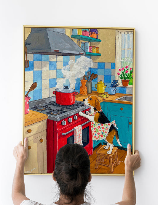 Adorable Dog Chef in Kitchen – Whimsical Cooking Wall Art for Dog Lovers and Cozy Home Decor