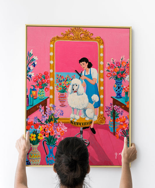 Toy poodle getting a glamorous grooming makeover in a dog salon with a hot pink background, blooming flowers, and a confident sparkle in her