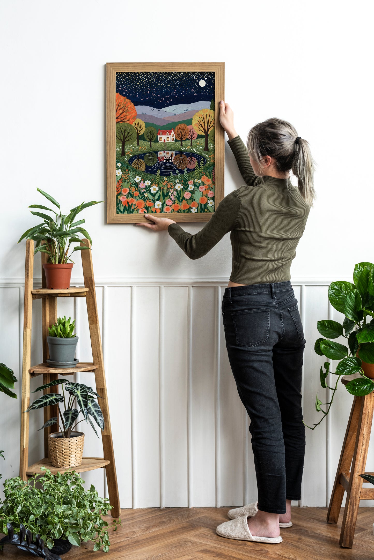 Whimsical Autumn Cat Art Print – Starry Night Cottage Landscape with Black Cat Reflection Poster