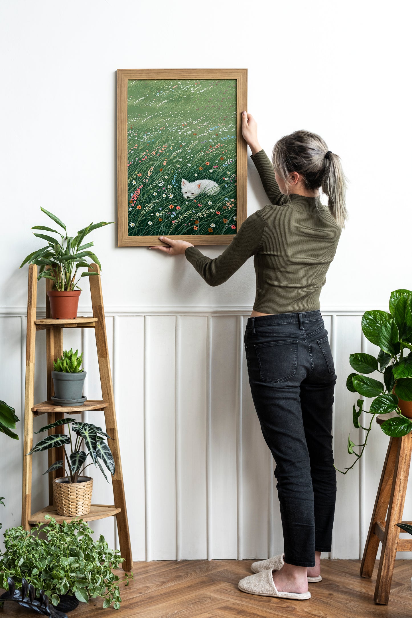 White Dog Sleeping in Wildflower Meadow – Whimsical Nature Art Print Poster