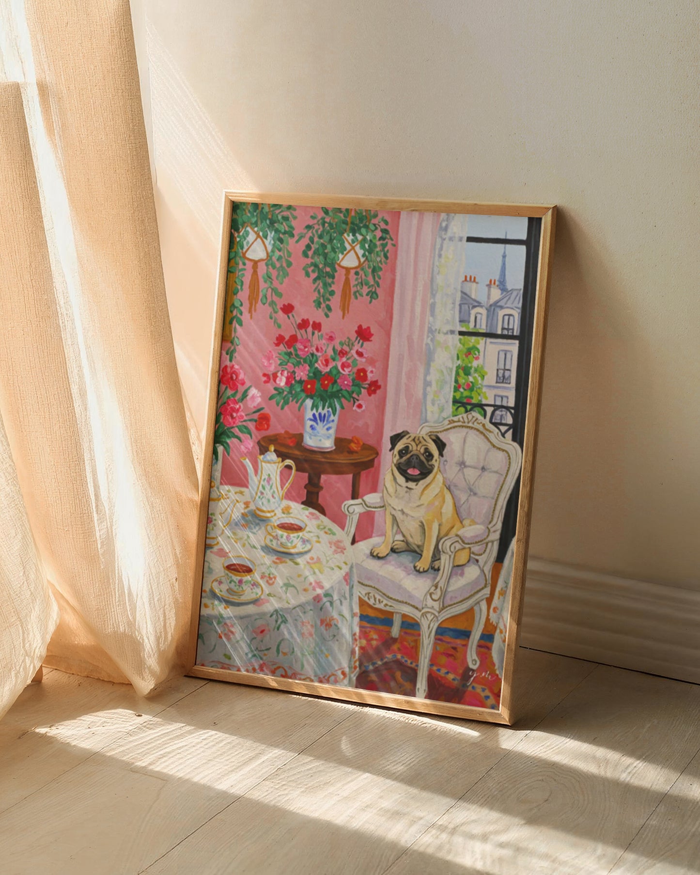 Pink Aesthetic Room Print Whimsical Pug Tea Time in Paris Maximalist Pink Room Art French Chic Pug Illustration