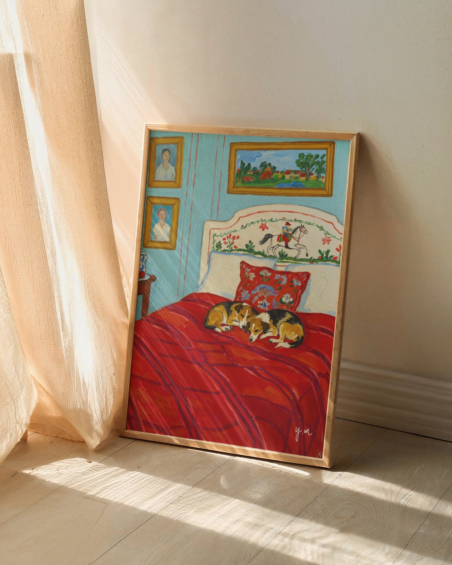 Cozy Corgis Sleeping on Red Bed Art Print Whimsical Dog Bedroom Illustration with Vintage Decor and Blue Walls by YunaMoona