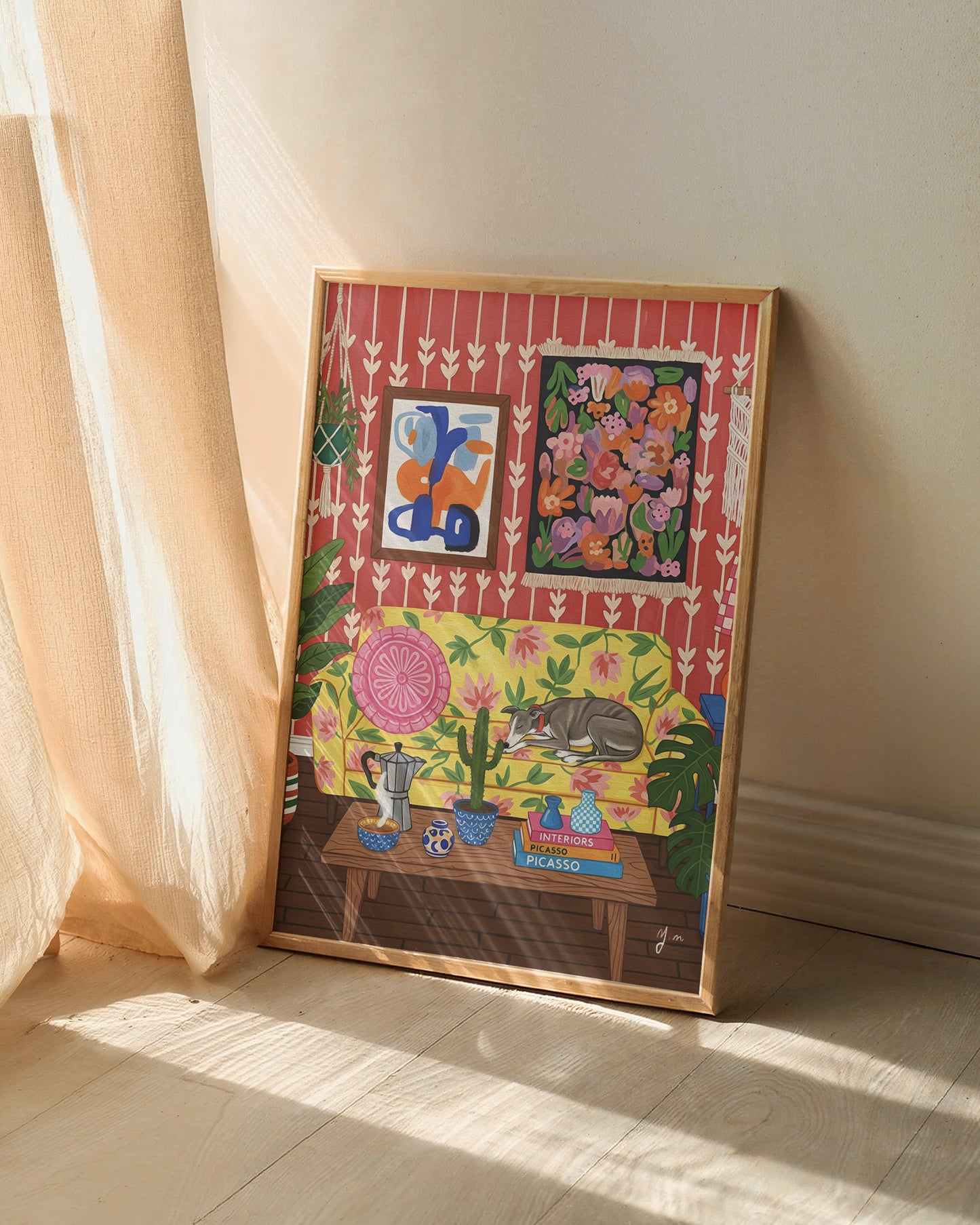 Whimsical Greyhound Living Room Art Print Dog Sleeping on Floral Sofa Boho Interior Illustration Poster