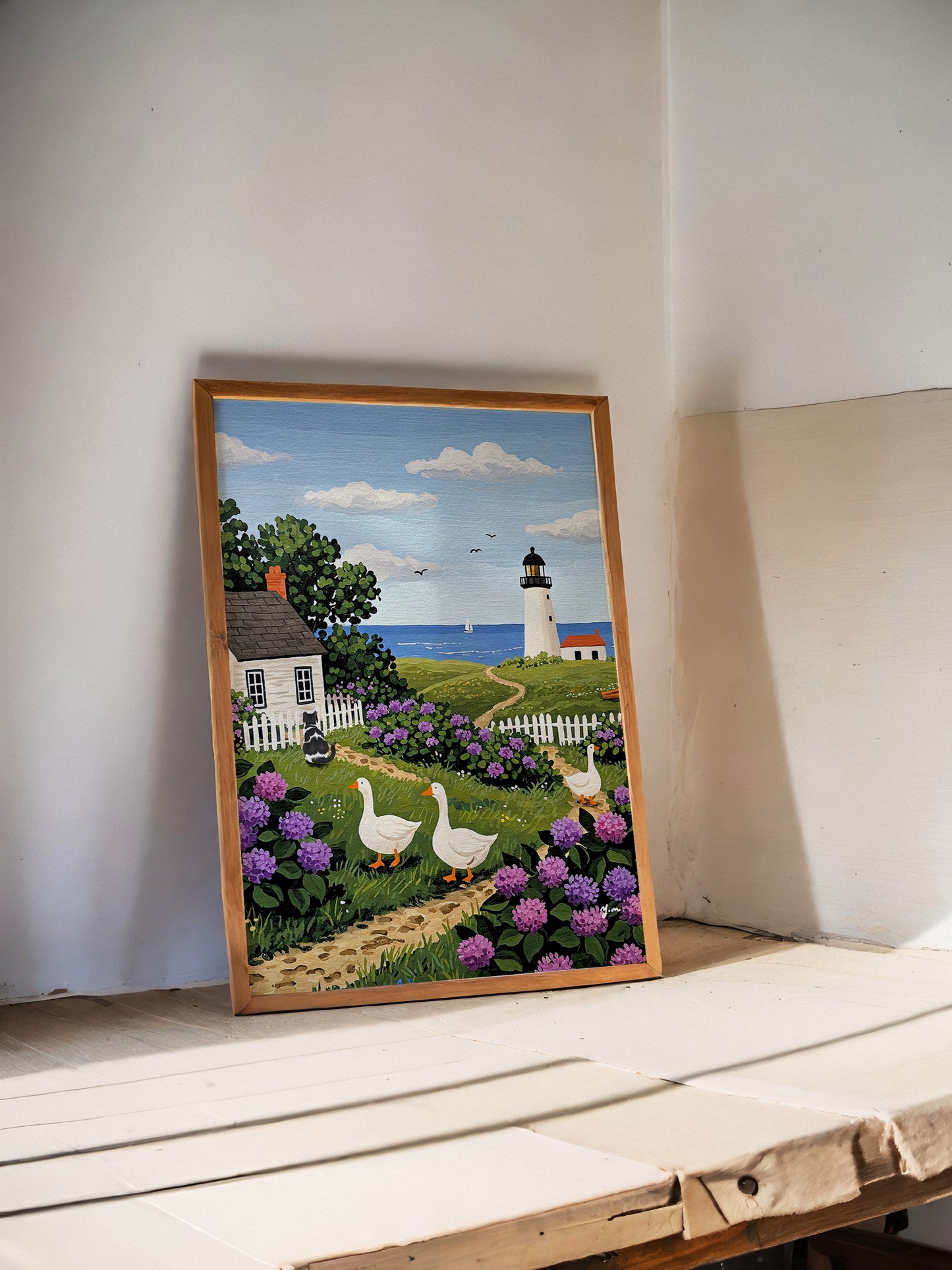 Countryside Ocean Landscape Painting Countryside Ocean Lighthouse Handdrawn Coastal Wildflower Field Cat Art Ducks Beach Illustration Animal Cat