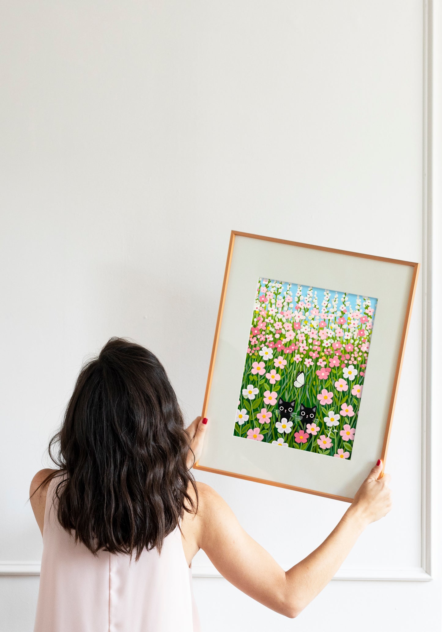 Whimsical Black Cats Hiding in Pink Flower Field with Butterfly Cute Pastel Cat Art Print for Nursery or Home Decor by YunaMoona