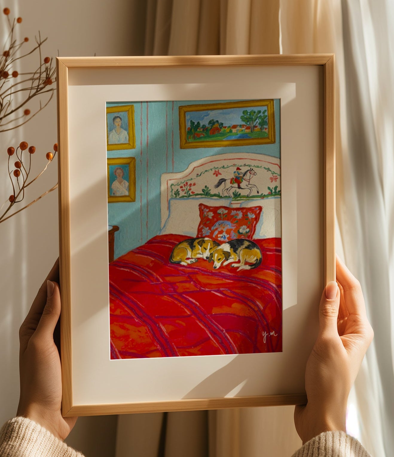 Cozy Corgis Sleeping on Red Bed Art Print Whimsical Dog Bedroom Illustration with Vintage Decor and Blue Walls by YunaMoona