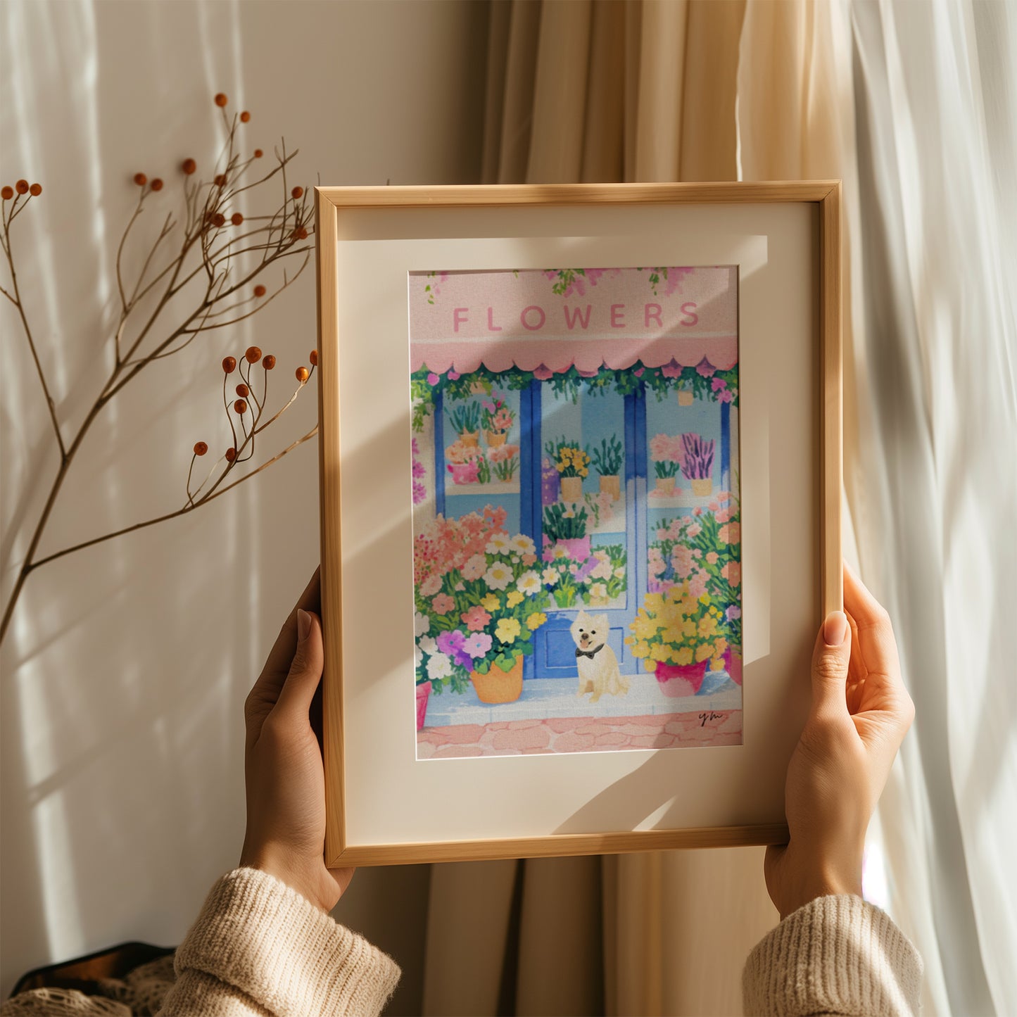 Cute Dog in Front of Colorful Flower Shop Wall Art Floral Boutique Print Spring Garden Dog Lover Poster French Market Illustration Poster