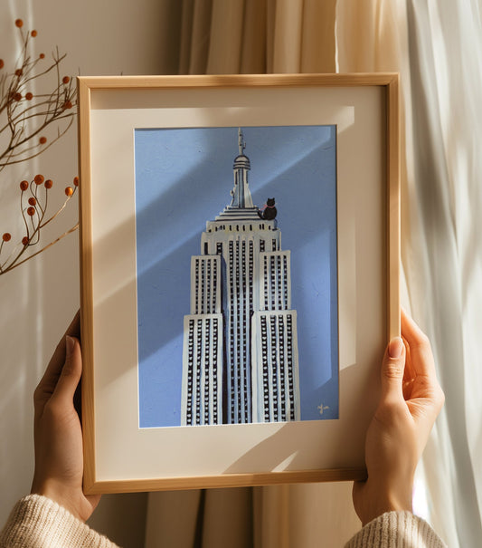 Cat on a Rooftop in New York City Blue Sky and White Building Wall Art Print Poster