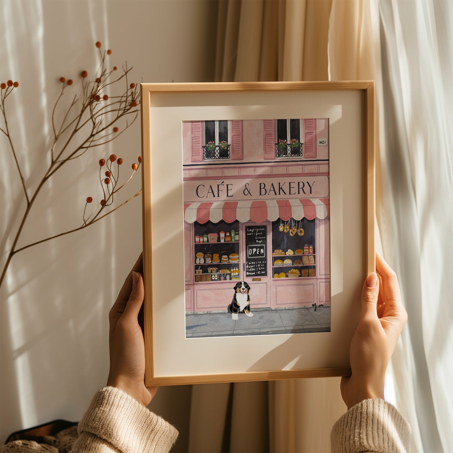 Cute Dog in Front of Pink Café and Bakery Wall Art French Bakery Illustration Poster Paris Street Scene Dog Lover Home Decor Poster