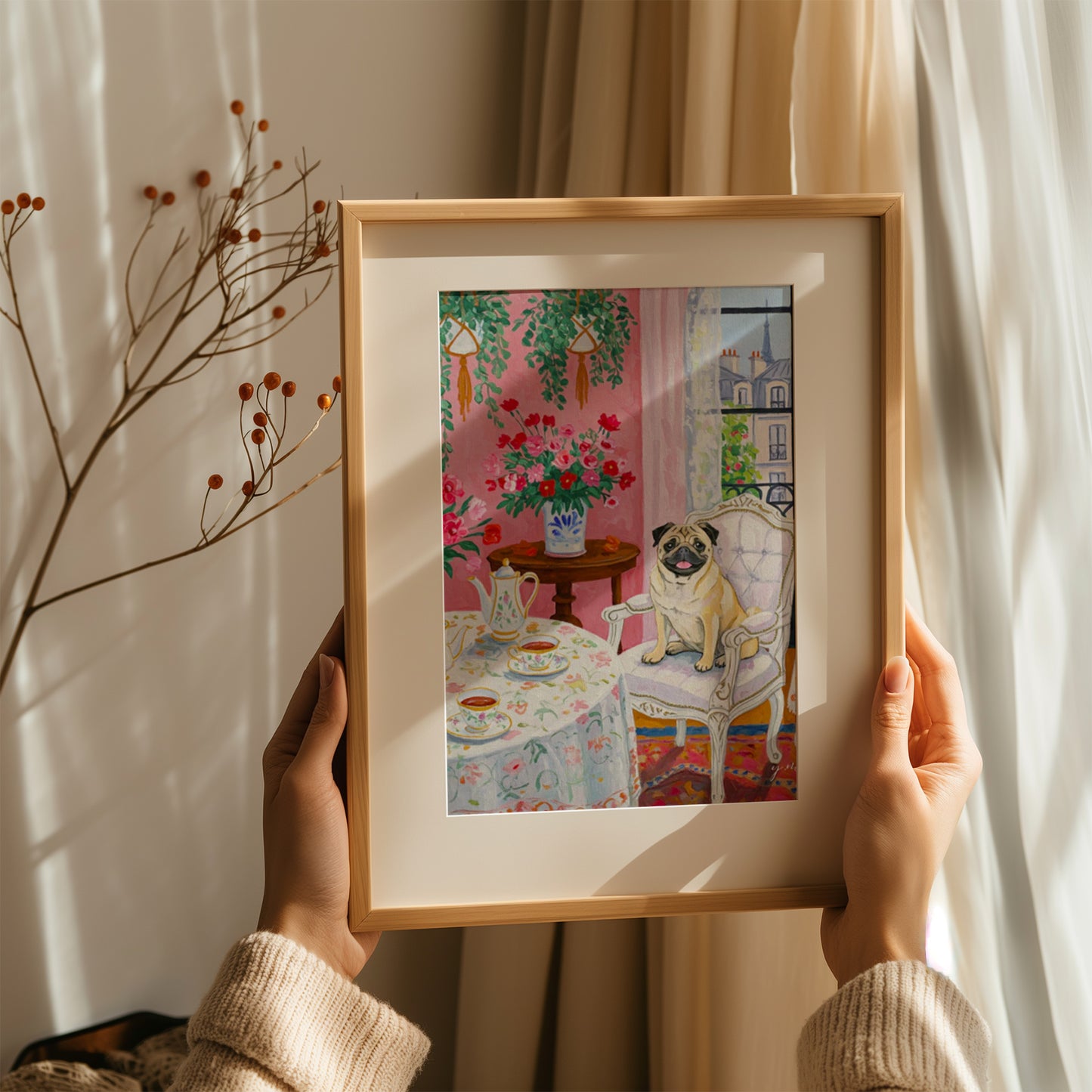 Pink Aesthetic Room Print Whimsical Pug Tea Time in Paris Maximalist Pink Room Art French Chic Pug Illustration