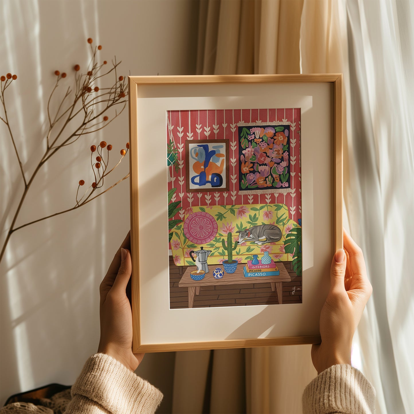 Whimsical Greyhound Living Room Art Print Dog Sleeping on Floral Sofa Boho Interior Illustration Poster