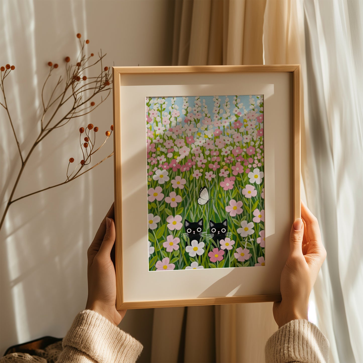 Whimsical Black Cats Hiding in Pink Flower Field with Butterfly Cute Pastel Cat Art Print for Nursery or Home Decor by YunaMoona