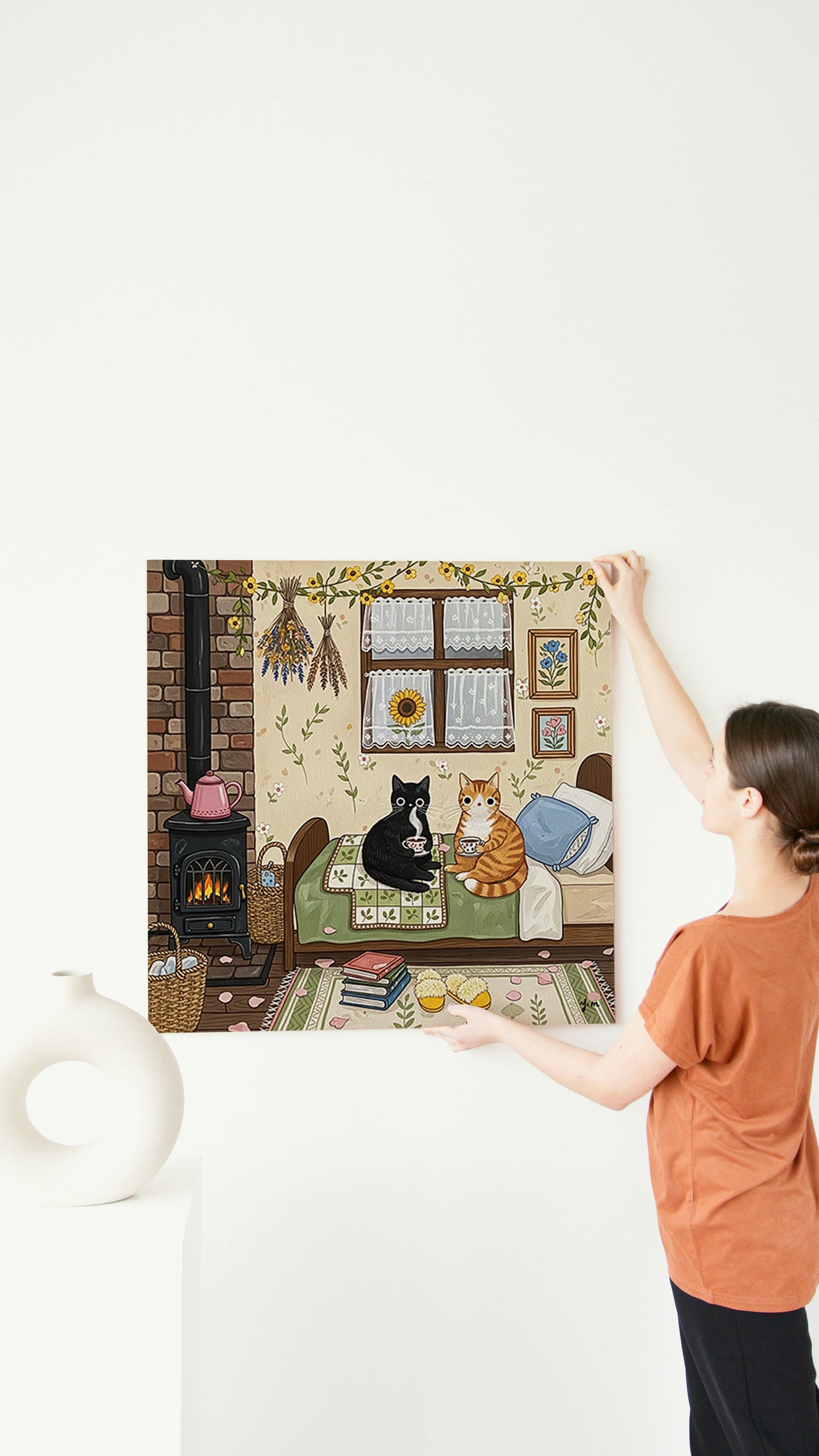 Two Cozy Cats in a Rustic Autumn Cabin with Warm Tea and Peaceful Vibes Poster