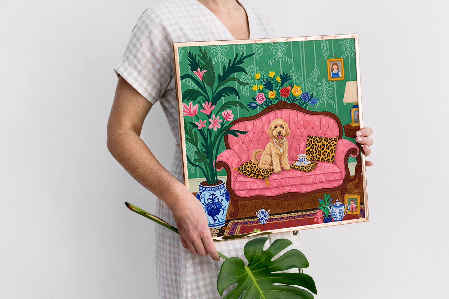 Elegant Dog on Pink Sofa Wall Art – Vintage Style Pet Print with Floral Decor & Tea Set Poster