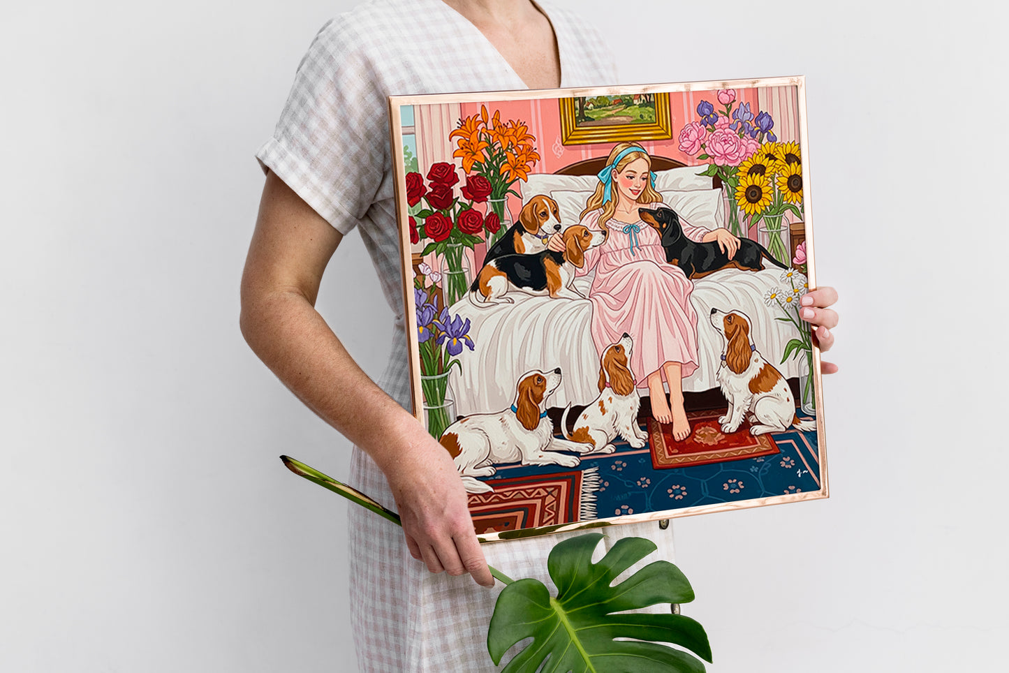 Girl with Dogs Art Print Romantic Floral Bedroom Whimsical Pet Illustration Wall Decor Poster