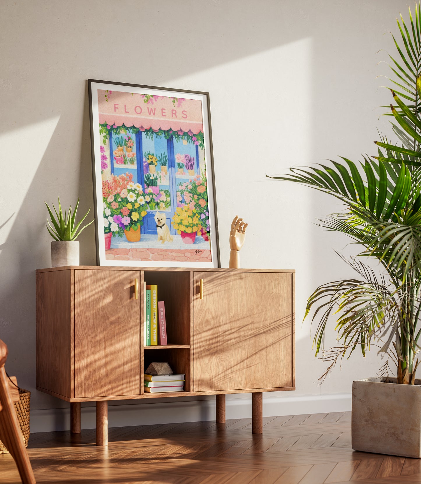 Cute Dog in Front of Colorful Flower Shop Wall Art Floral Boutique Print Spring Garden Dog Lover Poster French Market Illustration Poster