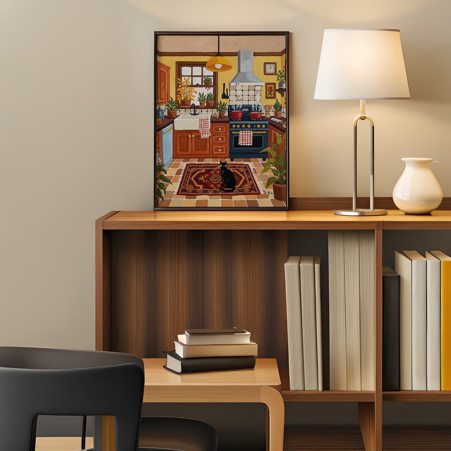 Rustic Kitchen Illustration with Black Cat, Plants, and Farmhouse Decor Poster Print