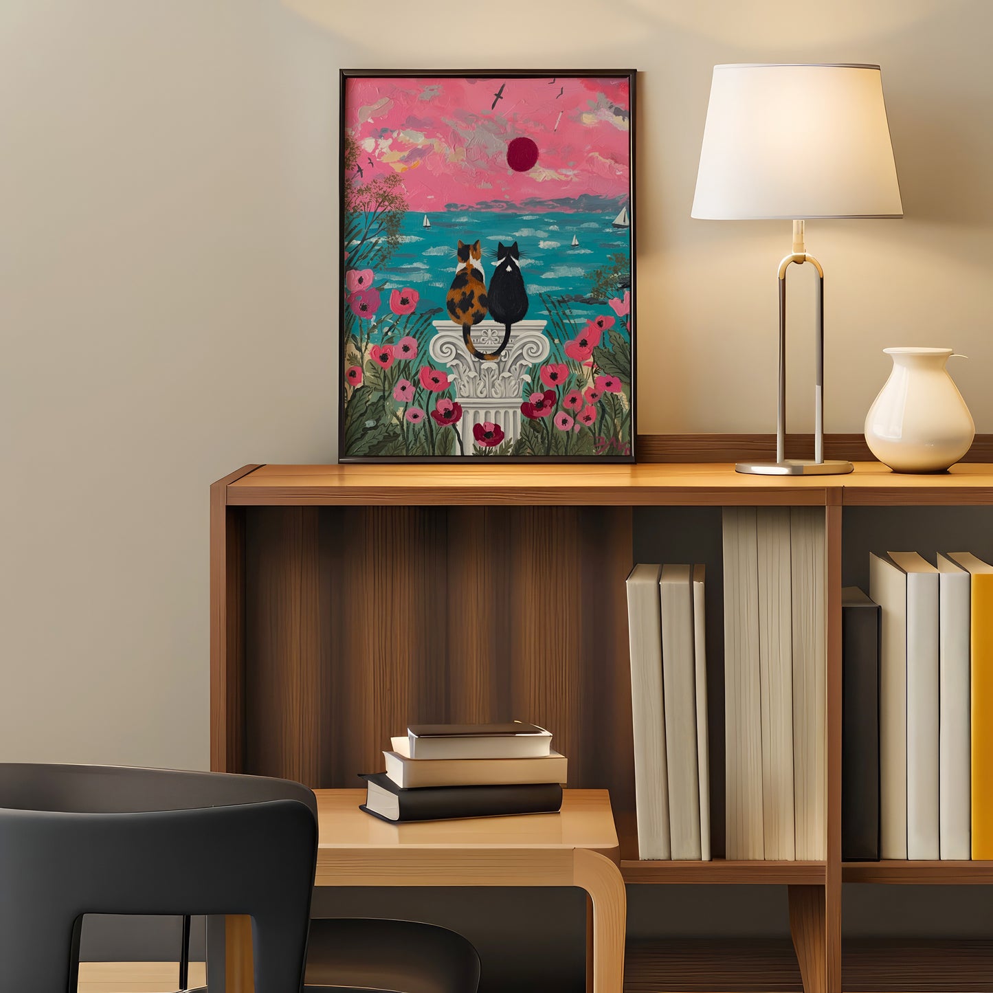 Two cats watching a seaside sunset floral garden painting coastal romantic cat art by YunaMoona