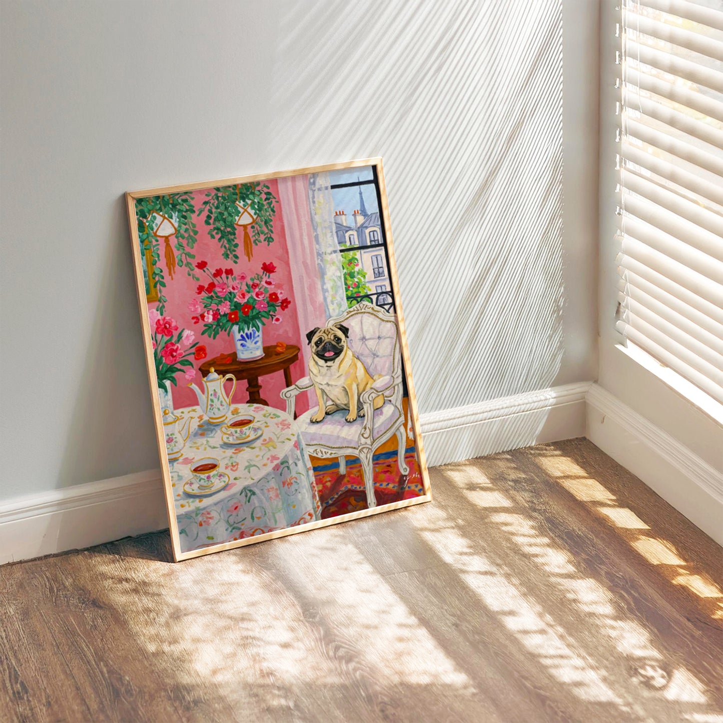 Pink Aesthetic Room Print Whimsical Pug Tea Time in Paris Maximalist Pink Room Art French Chic Pug Illustration