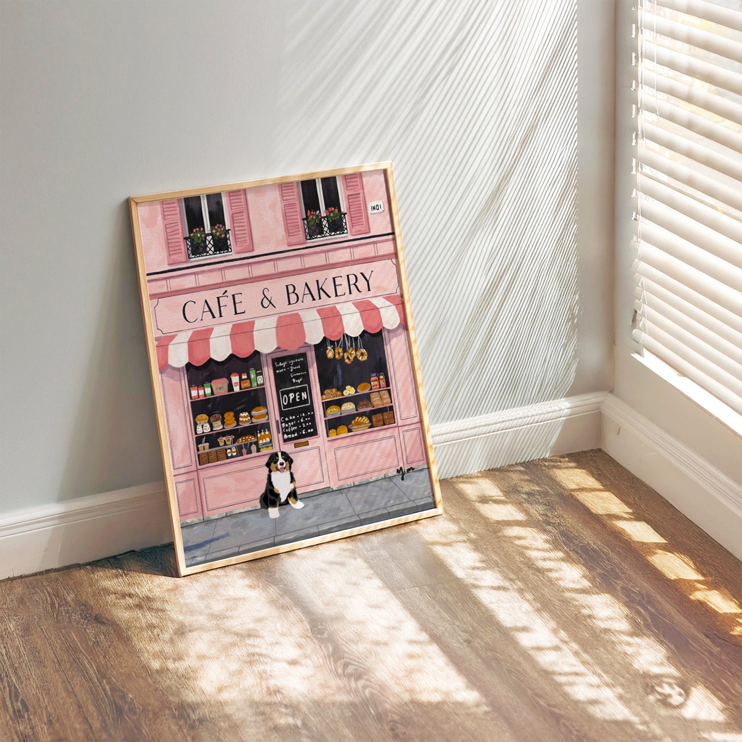 Cute Dog in Front of Pink Café and Bakery Wall Art French Bakery Illustration Poster Paris Street Scene Dog Lover Home Decor Poster