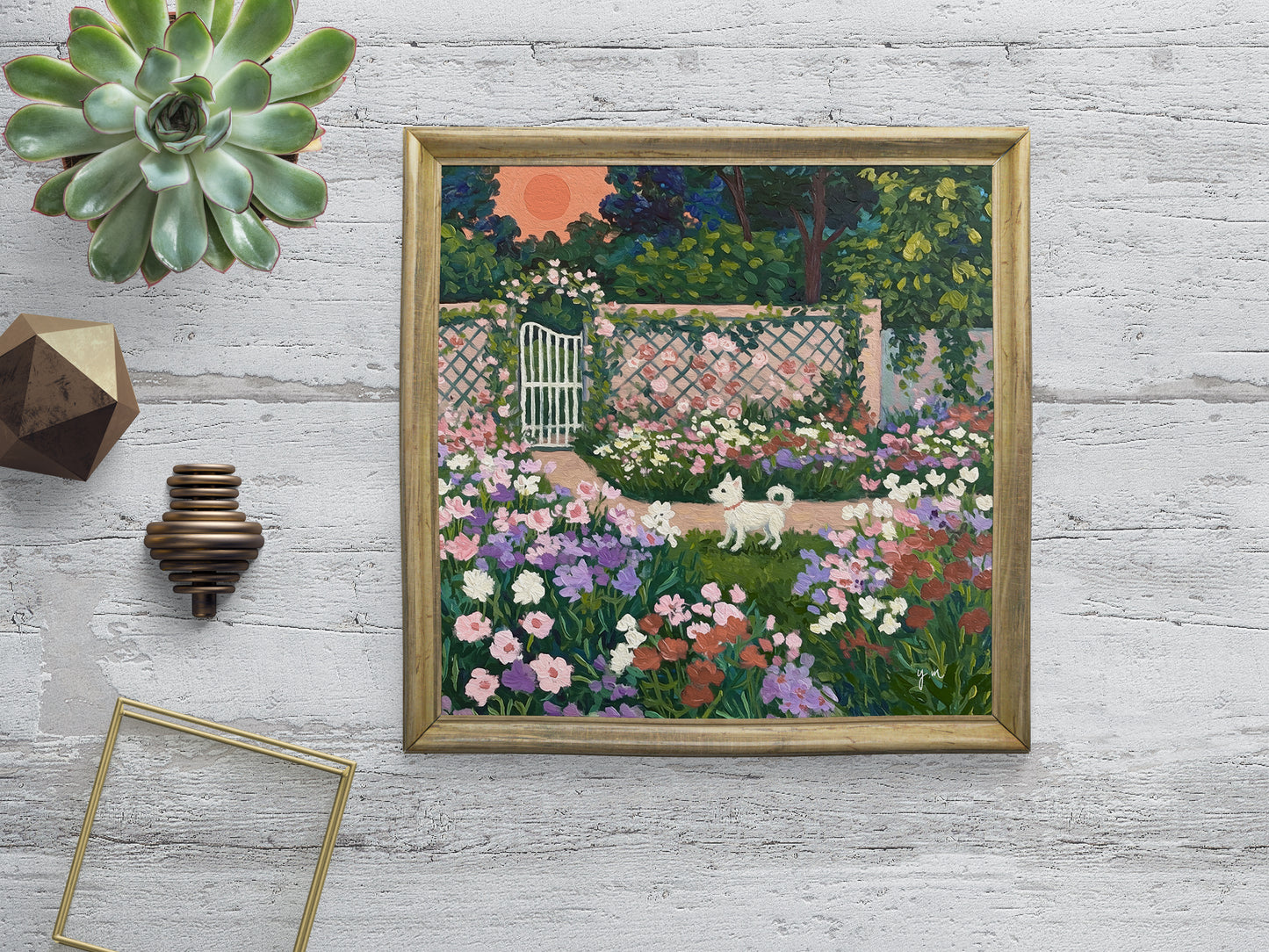 White Dog in a Secret Garden – Whimsical Floral Landscape Art Print Poster