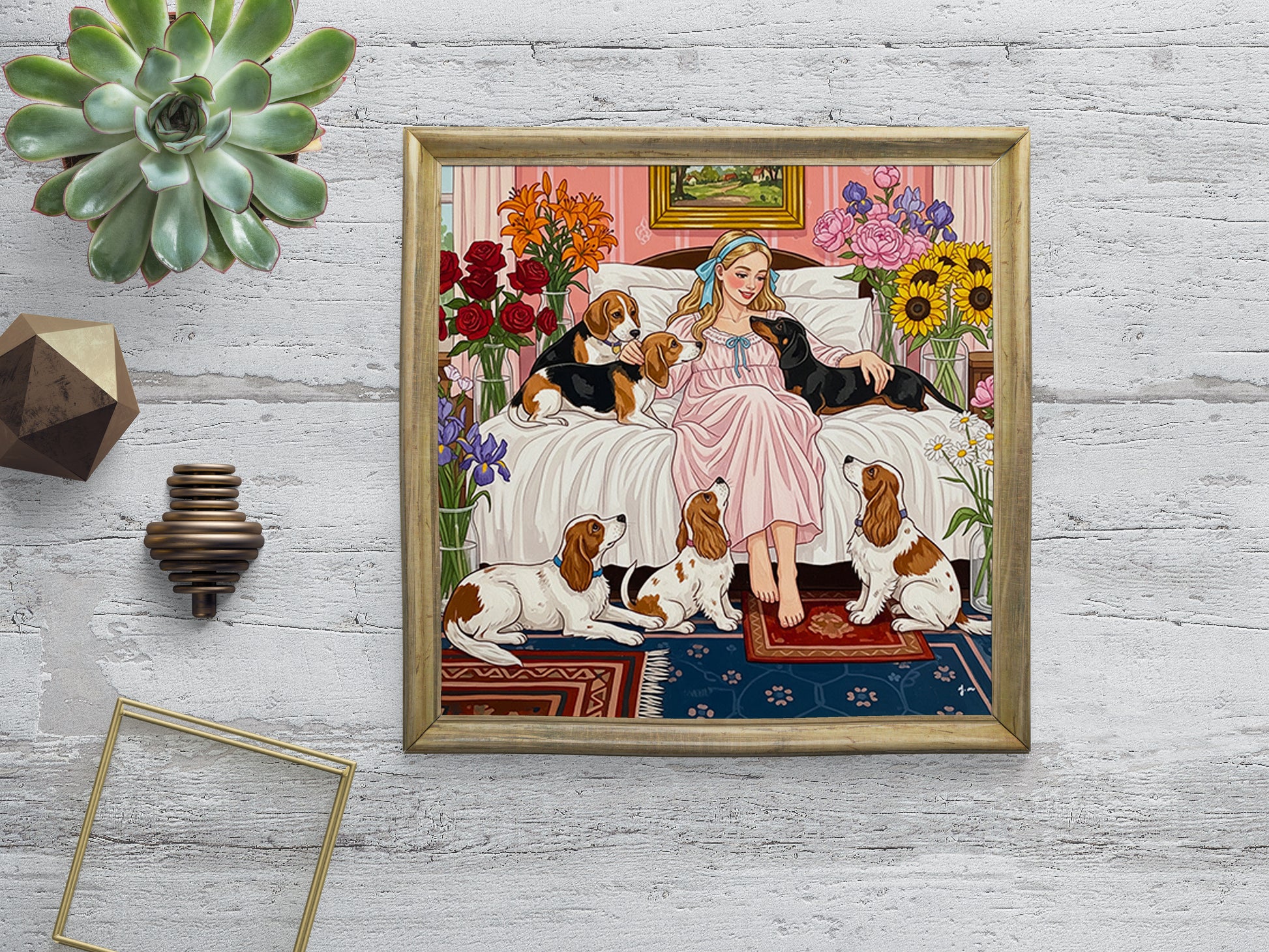 A girl in a pink dress sits on a floral bed surrounded by six dogs including beagles and a dachshund. The cozy bedroom is filled with blooming flowers, soft pastel tones, and vintage decor. The scene is warm and peaceful, evoking a whimsical, romantic, and storybook-like atmosphere.