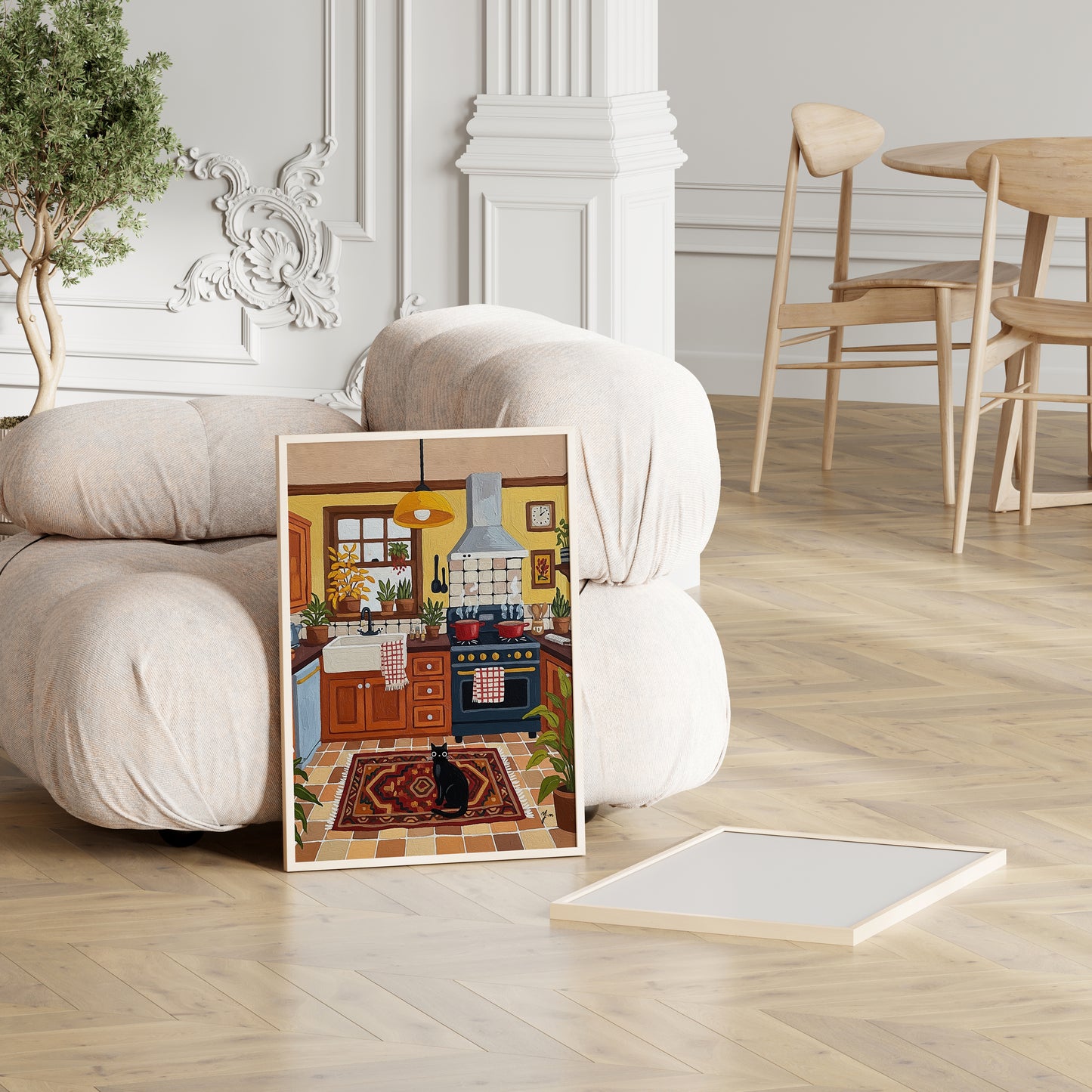 Rustic Kitchen Illustration with Black Cat, Plants, and Farmhouse Decor Poster Print