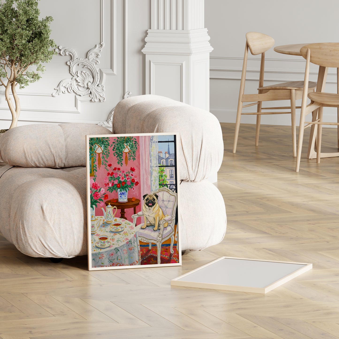 Pink Aesthetic Room Print Whimsical Pug Tea Time in Paris Maximalist Pink Room Art French Chic Pug Illustration