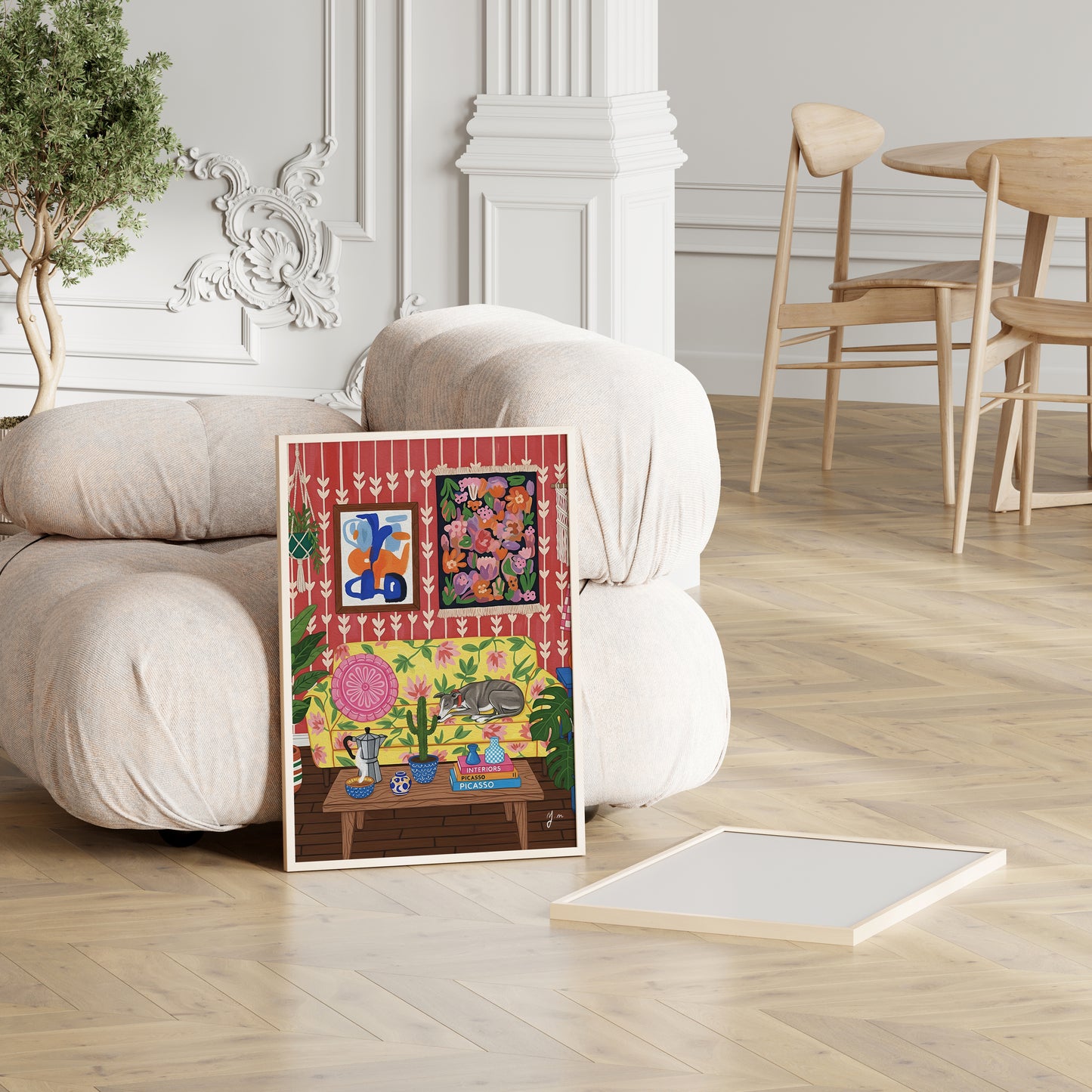 Whimsical Greyhound Living Room Art Print Dog Sleeping on Floral Sofa Boho Interior Illustration Poster