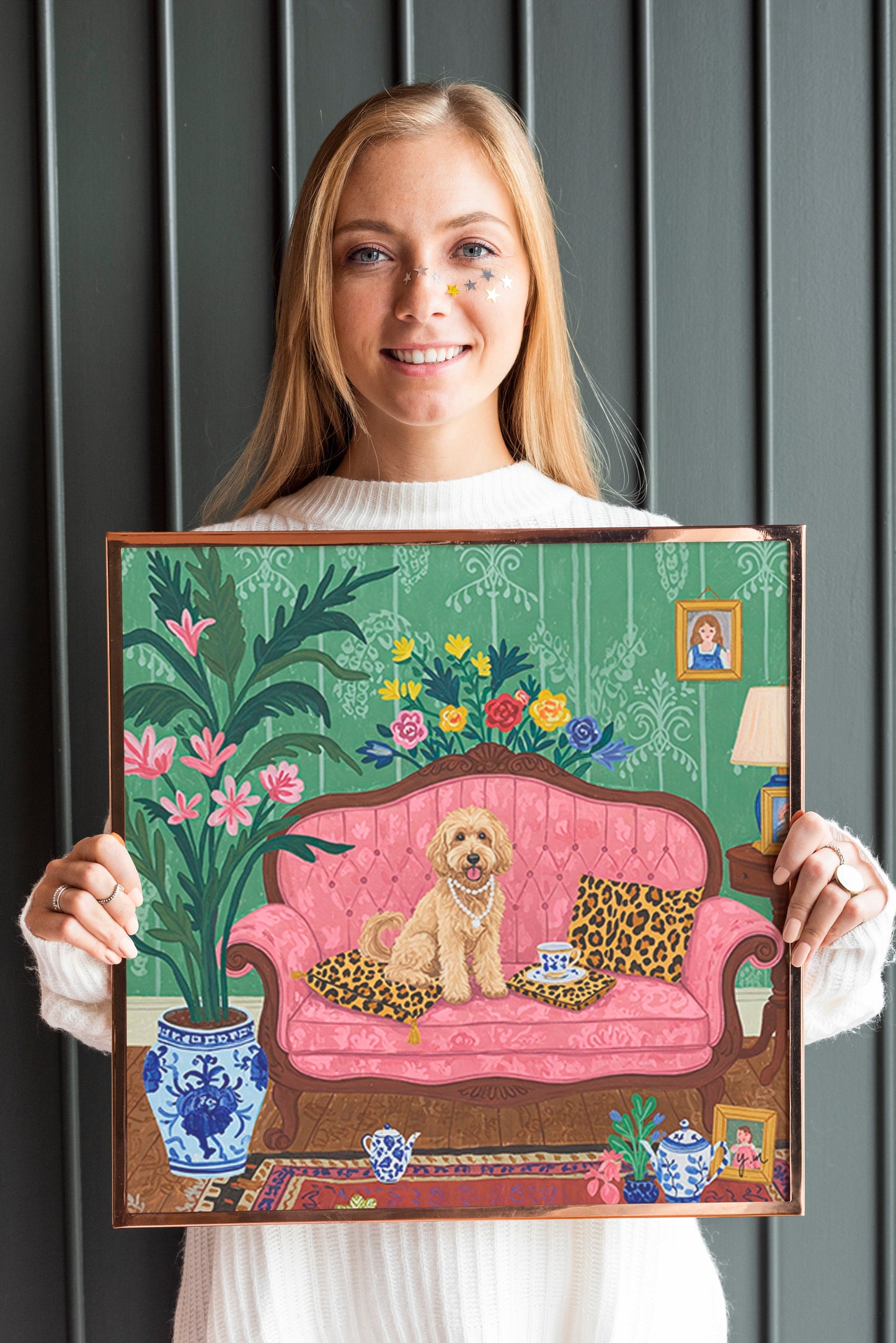 Elegant Dog on Pink Sofa Wall Art – Vintage Style Pet Print with Floral Decor & Tea Set Poster