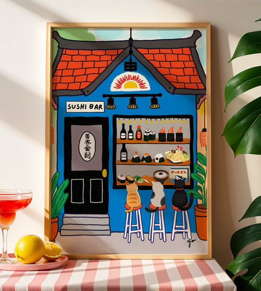 Adorable illustration of three cats enjoying sushi at a Japanese sushi bar. Perfect wall art for cat lovers and Japanese food enthusiasts. Add a touch of whimsy to your kitchen, dining area, or cozy café decor with this playful sushi cat artwork by YunaMoona.
