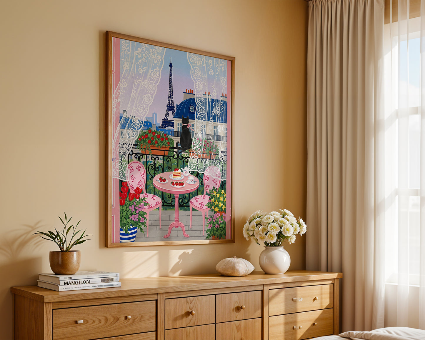 Paris Balcony Art Print with Eiffel Tower Black Cat Lace Curtains and Pink Café Table Scene