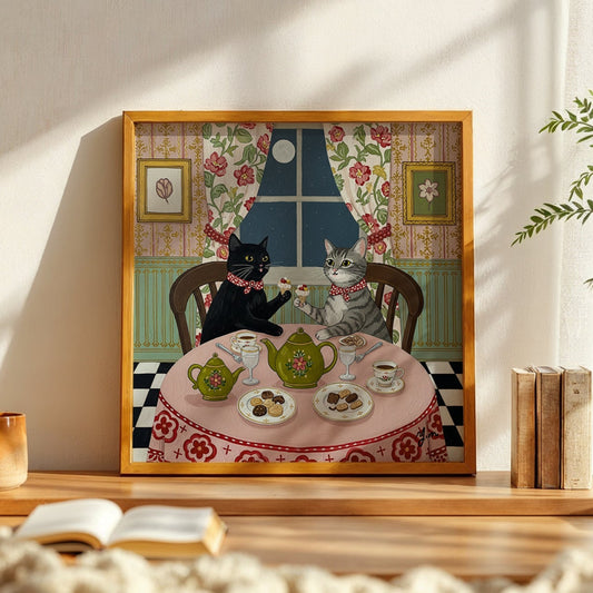 Two cats wearing red bows sit at a floral-covered table enjoying tea and desserts under a full moon in a vintage-style room with flowered curtains and teacups.