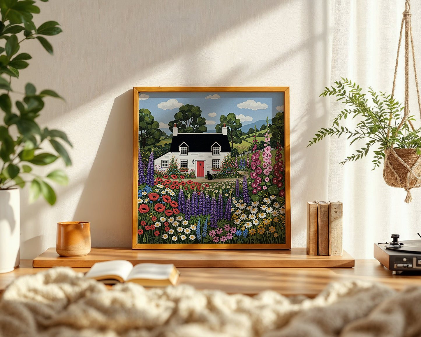Charming Cottage Garden Art with Black Cat and Colorful Wildflowers Cozy Floral Wall Decor