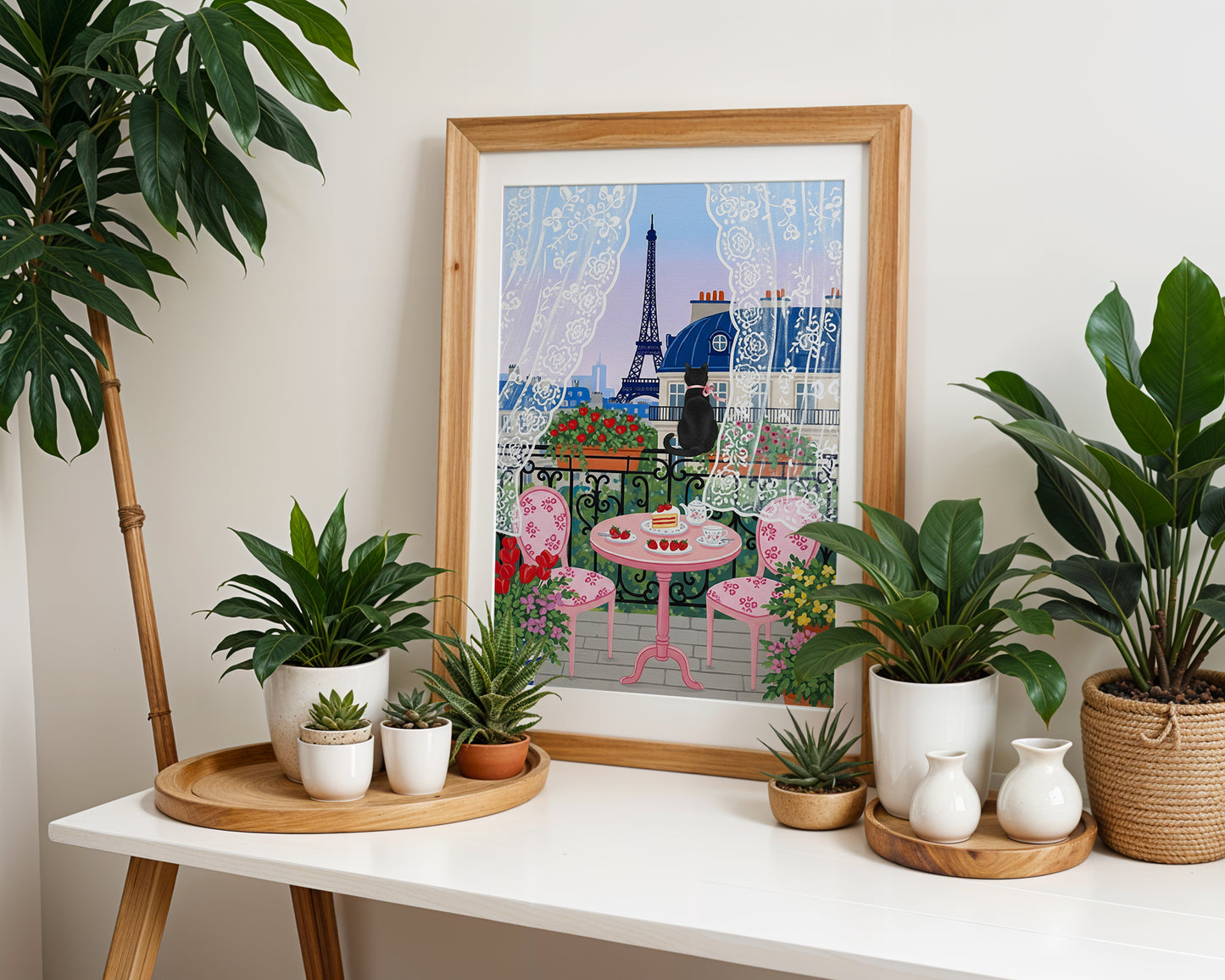 Paris Balcony Art Print with Eiffel Tower Black Cat Lace Curtains and Pink Café Table Scene