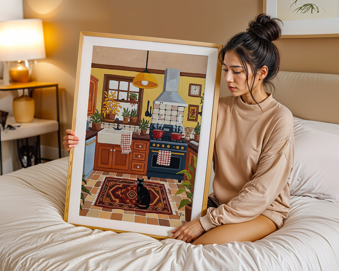 Rustic kitchen illustration with yellow walls, wooden cabinets, potted plants, patterned rug, and black cat sitting on the floor.