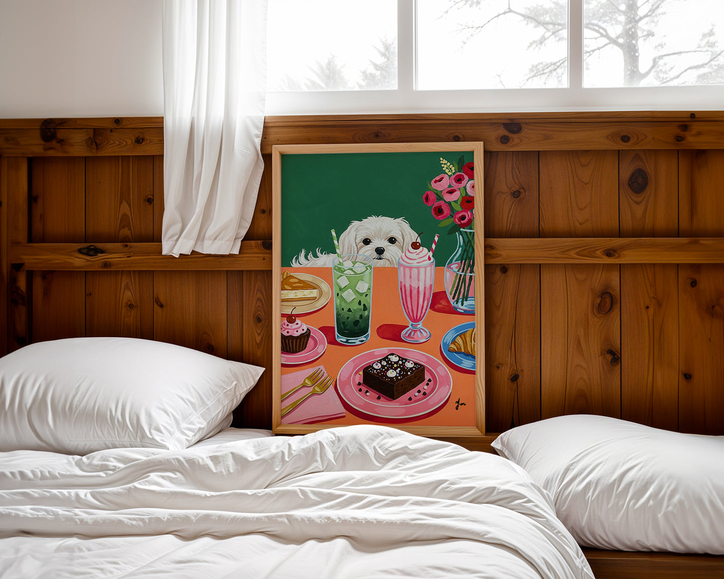 Cute White Dog at Colorful Dessert Table Green Background Illustration Print Art