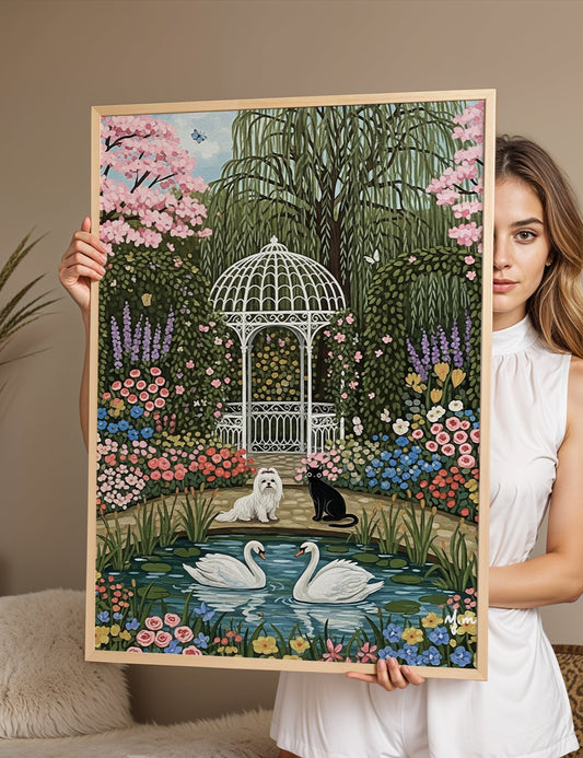 Whimsical garden illustration featuring two swans in a pond, a white dog, a black cat, colorful flowers, and a white gazebo under cherry blossom trees