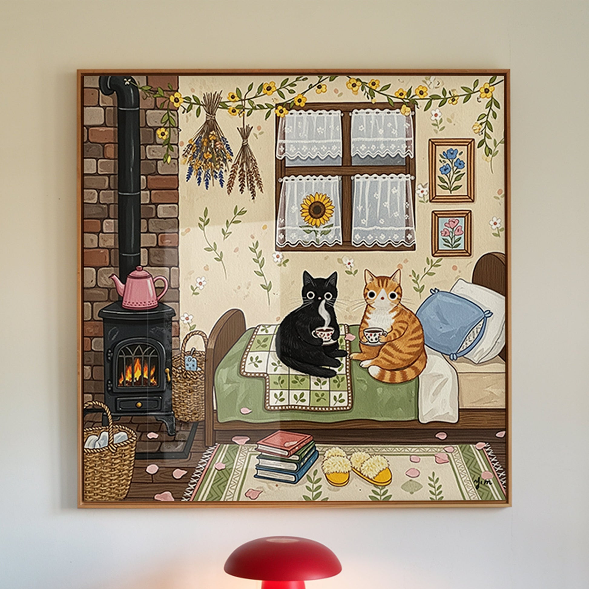 Two cats are peacefully lying on a soft, layered bed inside a rustic wooden cabin located in a quiet countryside village. The warm tones of the wooden interior blend perfectly with the cozy autumn atmosphere, as golden sunlight filters through the windows. A steaming cup of tea rests nearby, adding to the feeling of warmth and comfort. The entire scene captures the essence of a slow, peaceful fall afternoon—perfect for resting, relaxing, and enjoying quiet moments surrounded by nature and furry companions.