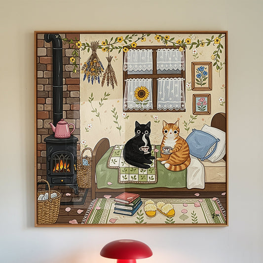 Two cats are peacefully lying on a soft, layered bed inside a rustic wooden cabin located in a quiet countryside village. The warm tones of the wooden interior blend perfectly with the cozy autumn atmosphere, as golden sunlight filters through the windows. A steaming cup of tea rests nearby, adding to the feeling of warmth and comfort. The entire scene captures the essence of a slow, peaceful fall afternoon—perfect for resting, relaxing, and enjoying quiet moments surrounded by nature and furry companions.