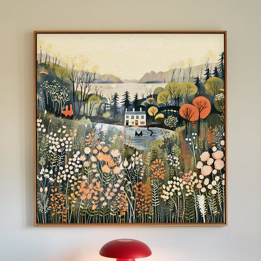 Peaceful digital art print of a black cat sitting inside a rustic home, looking out a window at a bright green summer landscape. The scene blends indoor calm and outdoor freshness, perfect for farmhouse or cottage-style interiors. Ideal wall art for nature and cat lovers.