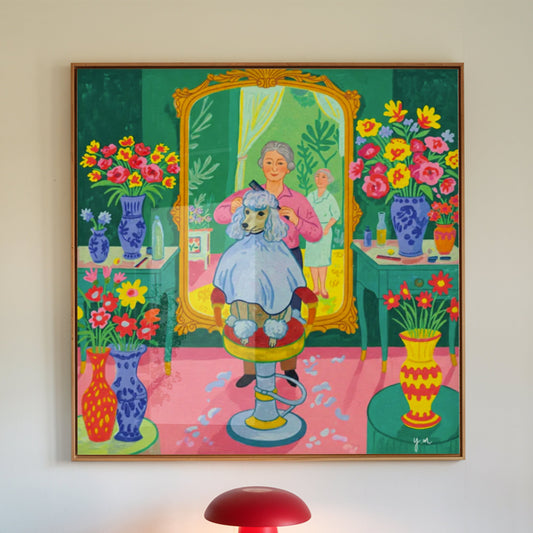 Charming illustration of a toy poodle getting a haircut at a dog grooming salon. The salon has a fresh green color palette with lush botanical tones and luxurious flower vases placed throughout the room. The poodle sits on a salon chair with a calm and pampered expression, surrounded by whimsical and elegant grooming decor. A perfect blend of playful pet art and stylish interior design.