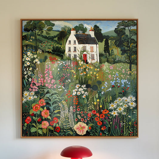 Whimsical cat art print showing a black cat sitting inside a cozy cottage, watching the greenery and flowers outside the window on a warm summer day. A perfect mix of indoor peace and outdoor charm for rustic or botanical-inspired decor.