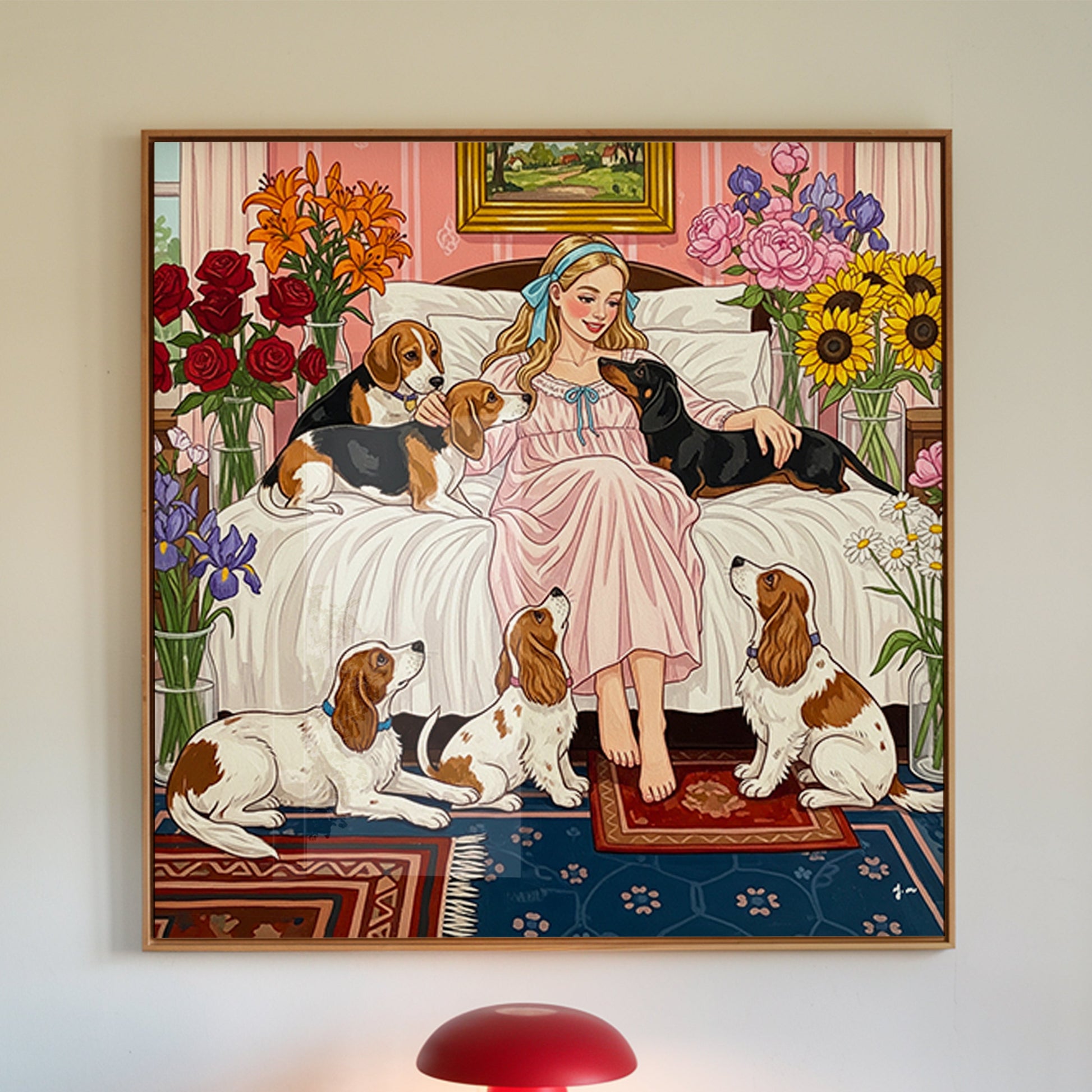 A girl in a pink dress sits on a floral bed surrounded by six dogs including beagles and a dachshund. The cozy bedroom is filled with blooming flowers, soft pastel tones, and vintage decor. The scene is warm and peaceful, evoking a whimsical, romantic, and storybook-like atmosphere.