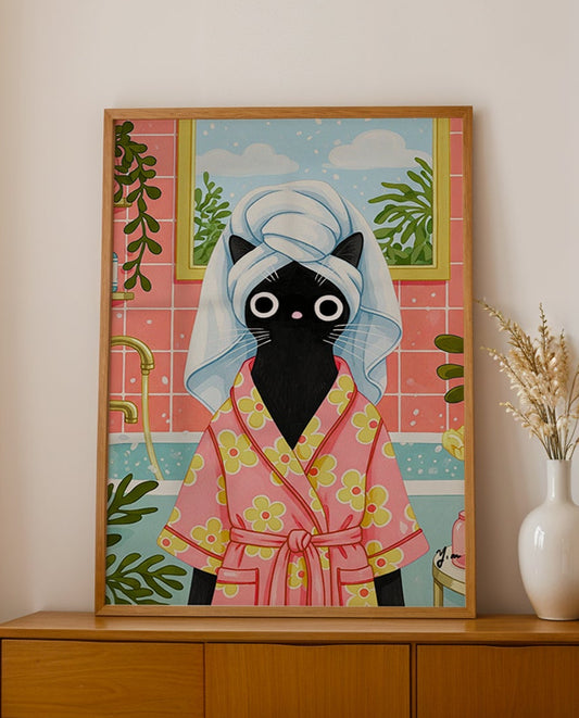 charm and humor to your space with this whimsical black cat illustration by YunaMoona. Featuring a stylish black cat in a floral pink robe with a towel wrapped around her head, this bathroom scene brings cozy spa vibes and playful energy to any room. Perfect for cat lovers and fans of quirky art, this print makes a delightful addition to bathrooms, bedrooms, or home offices. Printed with vivid colors and crisp details, it’s a great gift for cat moms and self-care lovers alike.
