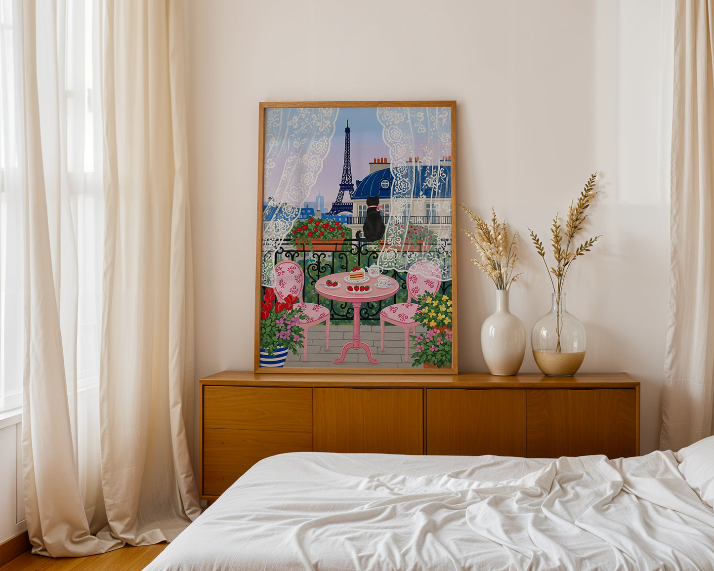 Paris Balcony Art Print with Eiffel Tower Black Cat Lace Curtains and Pink Café Table Scene