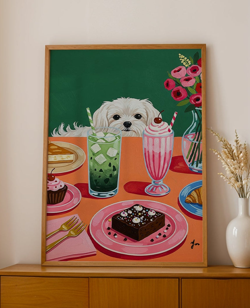 Cute White Dog at Colorful Dessert Table Green Background Illustration Print Art